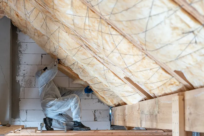 Technicien isolant les rampants d’une toiture